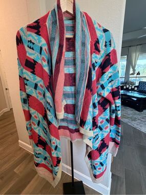 B Sharp Pink Turquoise Aztec Mohair Blend Waterfall Cardigan Size M